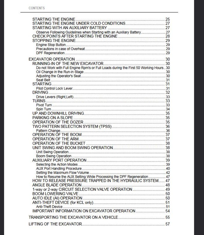 May include: A page from an excavator manual, titled "CONTENTS." The table of contents lists topics such as "Starting the Engine," "Excavator Operation," and "Anti-Theft Device." The page is white with black text.