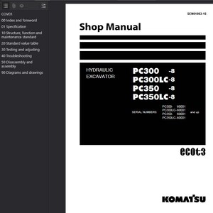 May include: A black and white shop manual for a hydraulic excavator. The cover displays the title "Shop Manual" and the model numbers PC300, PC300LC-8, PC350, and PC350LC-8. The Komatsu logo is at the bottom.