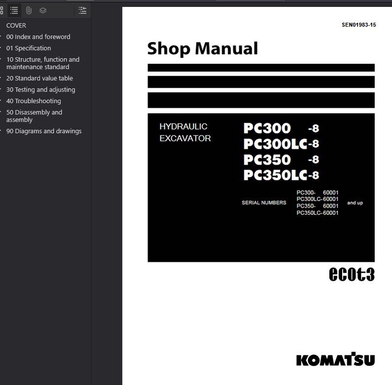 May include: A black and white shop manual for a hydraulic excavator. The cover displays the title "Shop Manual" and the model numbers PC300, PC300LC-8, PC350, and PC350LC-8. The Komatsu logo is at the bottom.