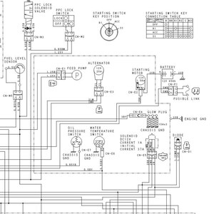 May include: Detailed schematic diagram of an automotive electrical system. The diagram includes components such as the fuel level sensor, alternator, starting motor, battery, and various switches and relays. Text labels identify each component.