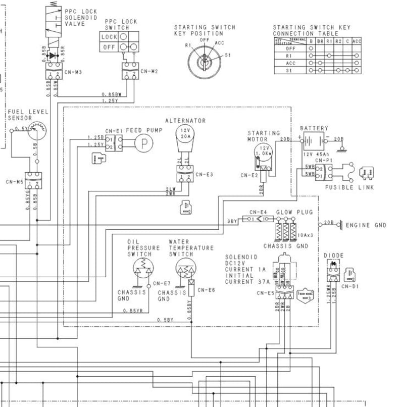 May include: Detailed schematic diagram of an automotive electrical system. The diagram includes components such as the fuel level sensor, alternator, starting motor, battery, and various switches and relays. Text labels identify each component.