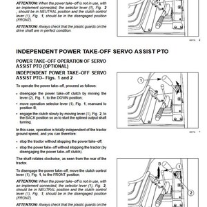 May include: Diagram from a tractor manual showing the operation of the power take-off (PTO) system. Includes illustrations of levers and controls, with instructions for engaging and disengaging the PTO clutch. Text includes safety warnings.