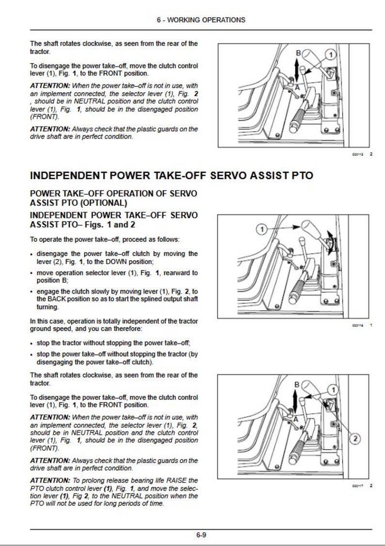 May include: Diagram from a tractor manual showing the operation of the power take-off (PTO) system. Includes illustrations of levers and controls, with instructions for engaging and disengaging the PTO clutch. Text includes safety warnings.