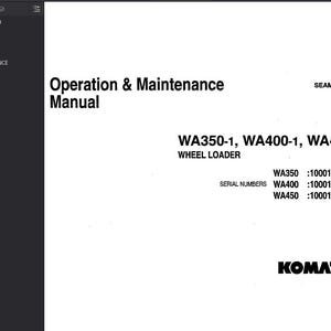 May include: A white page from an operation and maintenance manual. The title "Operation & Maintenance Manual" is at the top. Below, it lists "WA350-1, WA400-1, WA450-1 WHEEL LOADER". The Komatsu logo is at the bottom.
