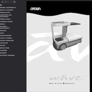 Può includere: Copertina di un manuale di servizio con un veicolo di assistenza al lavoro Crown Wave. L'immagine mostra una macchina industriale grigia e bianca con una piattaforma e ruote. Il titolo del manuale è "wave Service Manual."