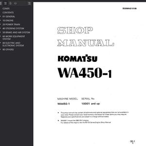 May include: A white shop manual with black text. The title "SHOP MANUAL" is at the top, followed by "KOMATSU WA450-1". The manual includes a table of contents and model information.