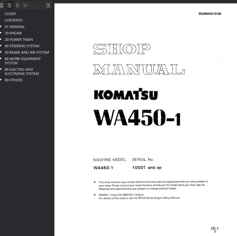 May include: A white shop manual with black text. The title "SHOP MANUAL" is at the top, followed by "KOMATSU WA450-1". The manual includes a table of contents and model information.