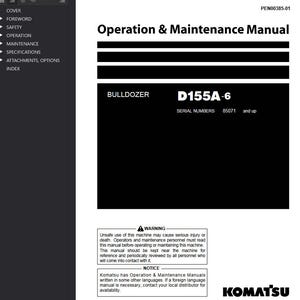 May include: A white and black manual titled "Operation & Maintenance Manual" for a D155A-6 bulldozer. The manual includes warnings and notices, and the Komatsu logo is visible at the bottom.