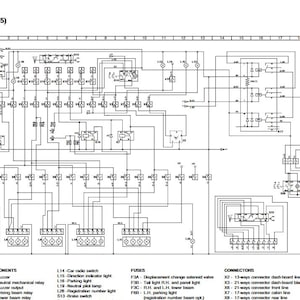 May include: Detailed black and white schematic diagram of an automotive electrical system. The diagram includes various components, fuses, and connectors, with labels for each part. The image is a technical illustration.