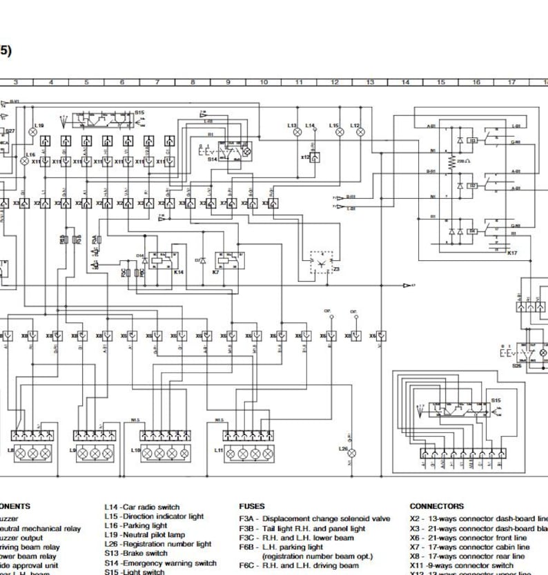 May include: Detailed black and white schematic diagram of an automotive electrical system. The diagram includes various components, fuses, and connectors, with labels for each part. The image is a technical illustration.