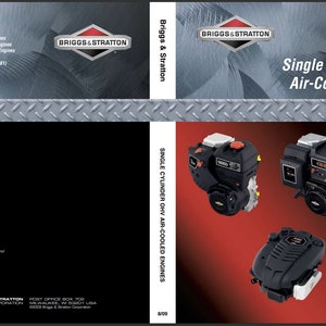 Könnte beinhalten: Ein Reparaturhandbuch-Umschlag für Briggs & Stratton Einzylinder-OHV-Luftgekühlte Motoren. Der Umschlag zeigt einen roten Hintergrund mit vier schwarzen und silbernen Motoren. Das Briggs & Stratton Logo befindet sich in der oberen rechten Ecke.