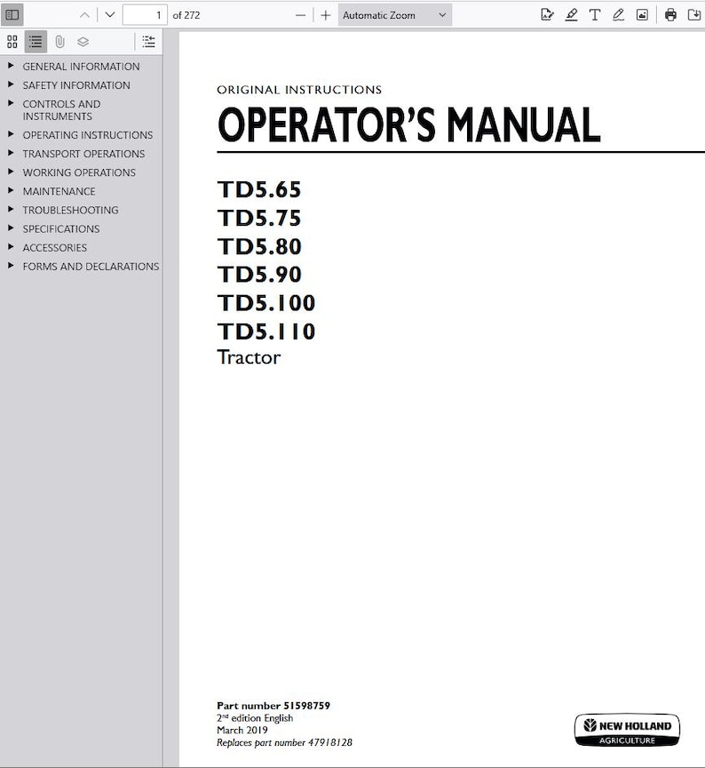 May include: A white Operator's Manual for a tractor, featuring the text "OPERATOR'S MANUAL" in bold black letters. The manual lists tractor models TD5.65, TD5.75, TD5.80, TD5.90, TD5.100, and TD5.110. The New Holland Agriculture logo is at the bottom.