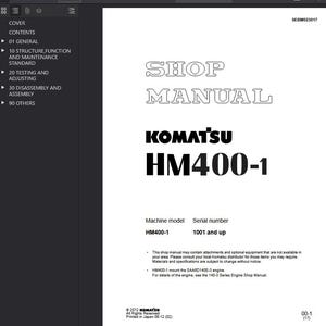 K&ouml;nnte beinhalten: Ein wei&szlig;es Werkstatthandbuch mit dem Text "SHOP MANUAL" in einer stilisierten Schriftart. Das Komatsu-Logo und "HM400-1" sind deutlich sichtbar. Das Handbuch enth&auml;lt technische Informationen und Spezifikationen.