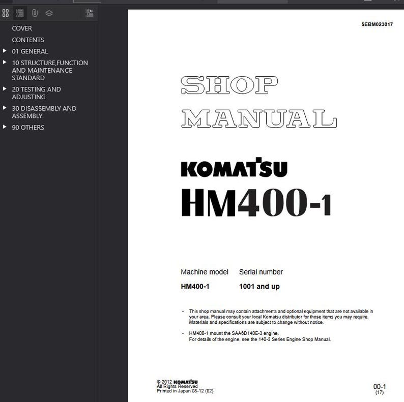 K&ouml;nnte beinhalten: Ein wei&szlig;es Werkstatthandbuch mit dem Text "SHOP MANUAL" in einer stilisierten Schriftart. Das Komatsu-Logo und "HM400-1" sind deutlich sichtbar. Das Handbuch enth&auml;lt technische Informationen und Spezifikationen.