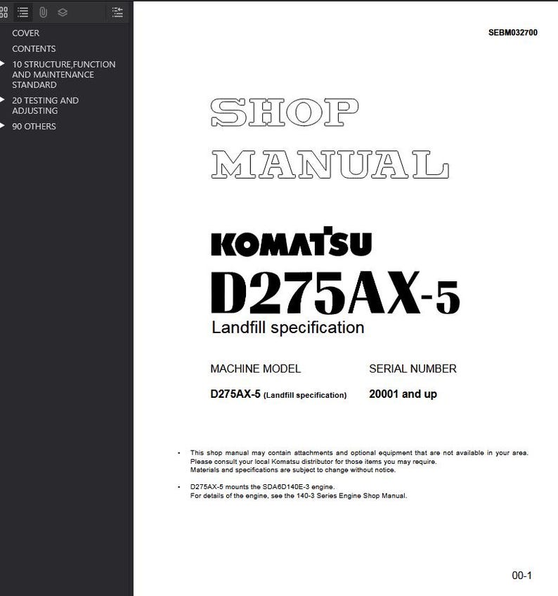 May include: A white shop manual with the title "SHOP MANUAL" and the Komatsu logo. The manual is for the D275AX-5 Landfill specification machine model. The serial number is 20001 and up. The manual also includes a table of contents.