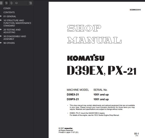 Komatsu D39EX-21, D39PX-21 Shop Manual Bulldozer PDF Download