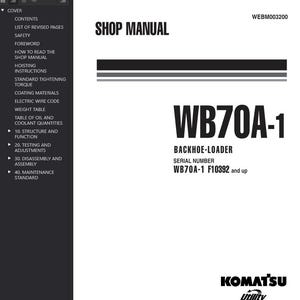 May include: A white shop manual with the title "SHOP MANUAL" in bold black letters. The manual's title is "WB70A-1 BACKHOE-LOADER". The serial number is WB70A-1 F10392 and up. The Komatsu Utility logo is at the bottom.