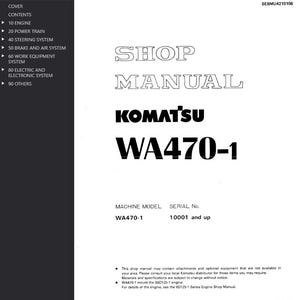 K&ouml;nnte beinhalten: Ein wei&szlig;es Werkstatthandbuch mit dem Text "SHOP MANUAL" und "KOMATSU WA470-1" in schwarzer Schrift. Das Handbuch enth&auml;lt das Maschinenmodell WA470-1 und die Seriennummer 10001 und h&ouml;her. Oben rechts steht "SEBMU4210106".