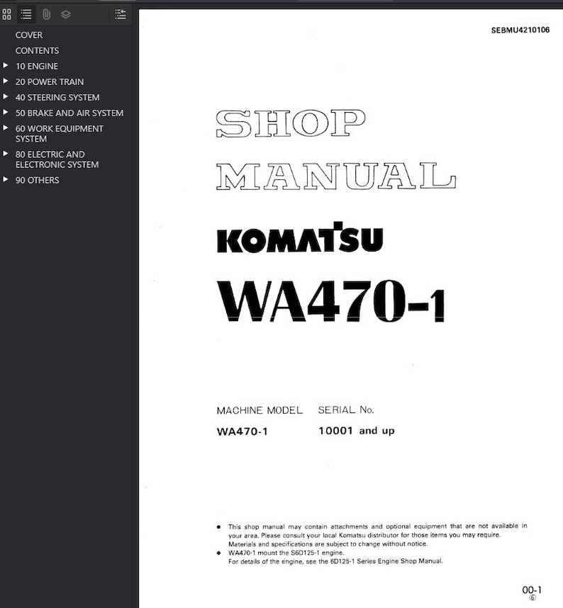 K&ouml;nnte beinhalten: Ein wei&szlig;es Werkstatthandbuch mit dem Text "SHOP MANUAL" und "KOMATSU WA470-1" in schwarzer Schrift. Das Handbuch enth&auml;lt das Maschinenmodell WA470-1 und die Seriennummer 10001 und h&ouml;her. Oben rechts steht "SEBMU4210106".