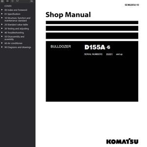 May include: A white Shop Manual with black text and a black background. The manual is for a D155A-6 Bulldozer, with serial numbers 85001 and up. The Komatsu logo is at the bottom.