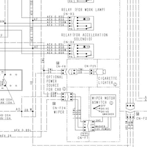 K&ouml;nnte beinhalten: Detailliertes elektrisches Schaltbild mit Beschriftungen f&uuml;r Relais, einen Scheibenwischermotor und einen Zigarettenanz&uuml;nder. Das Diagramm enth&auml;lt Text wie "Optionale Stromquelle f&uuml;r Kabine" und "Relais (f&uuml;r Arbeitslampe)". Das Diagramm ist in Schwarzwei&szlig; gehalten.