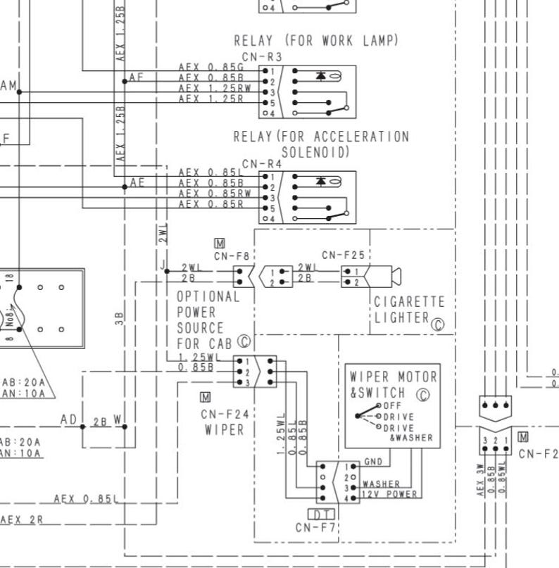 K&ouml;nnte beinhalten: Detailliertes elektrisches Schaltbild mit Beschriftungen f&uuml;r Relais, einen Scheibenwischermotor und einen Zigarettenanz&uuml;nder. Das Diagramm enth&auml;lt Text wie "Optionale Stromquelle f&uuml;r Kabine" und "Relais (f&uuml;r Arbeitslampe)". Das Diagramm ist in Schwarzwei&szlig; gehalten.