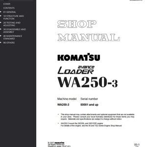 May include: A white shop manual with the text "SHOP MANUAL" at the top. Below is the Komatsu logo and "avance LOADER WA250-3". The manual includes machine model and serial number information.