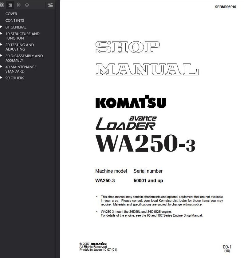 May include: A white shop manual with the text "SHOP MANUAL" at the top. Below is the Komatsu logo and "avance LOADER WA250-3". The manual includes machine model and serial number information.