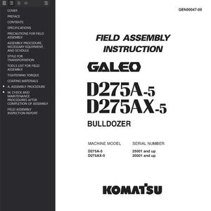 Puede incluir: Documento blanco con texto negro. Es un manual de instrucciones de montaje en campo para una excavadora Komatsu D275A-5 y D275AX-5. El documento incluye el logotipo de Komatsu.