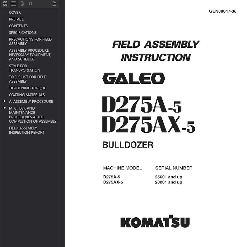 Puede incluir: Documento blanco con texto negro. Es un manual de instrucciones de montaje en campo para una excavadora Komatsu D275A-5 y D275AX-5. El documento incluye el logotipo de Komatsu.