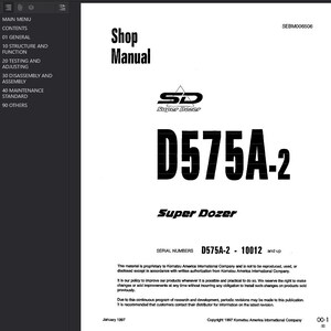 Op de afbeelding: Een wit werkplaatshandboek met de titel "Shop Manual" met de tekst "D575A-2 Super Dozer". De handleiding bevat het "Super Doser"-logo en een inhoudsopgave aan de linkerkant. De serienummers zijn D575A-2 - 10012 en hoger.