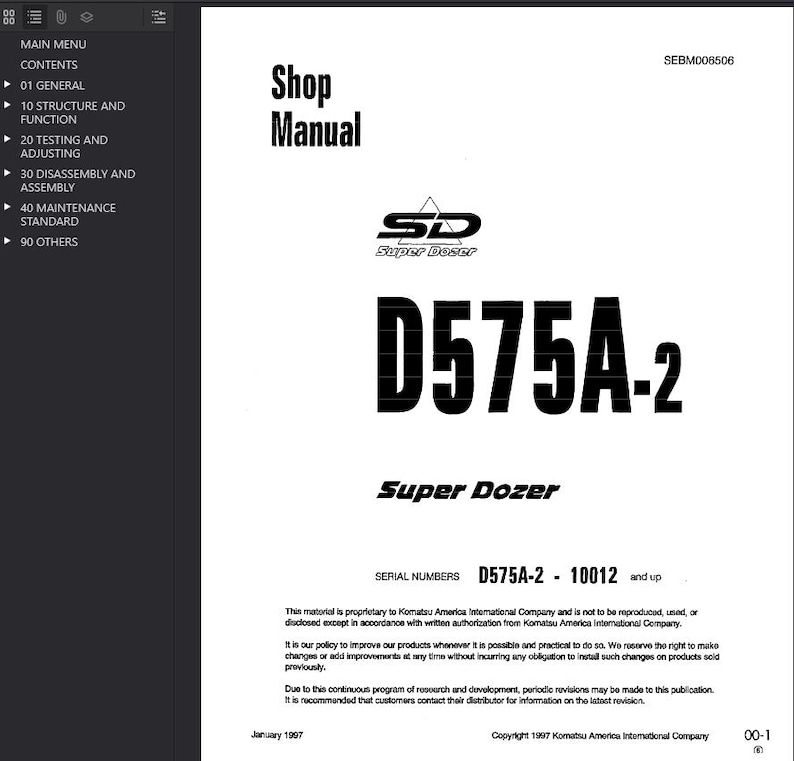 Op de afbeelding: Een wit werkplaatshandboek met de titel "Shop Manual" met de tekst "D575A-2 Super Dozer". De handleiding bevat het "Super Doser"-logo en een inhoudsopgave aan de linkerkant. De serienummers zijn D575A-2 - 10012 en hoger.
