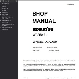 May include: A white shop manual for a Komatsu WA250-3L wheel loader. The cover features the text "SHOP MANUAL" in large, bold black letters, with the Komatsu logo and model details. The manual includes sections on maintenance and safety.