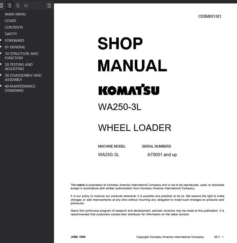 May include: A white shop manual for a Komatsu WA250-3L wheel loader. The cover features the text "SHOP MANUAL" in large, bold black letters, with the Komatsu logo and model details. The manual includes sections on maintenance and safety.