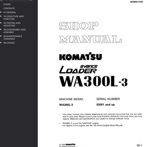 Puede incluir: Un manual de taller blanco con texto negro. La portada presenta el texto "SHOP MANUAL" sobre el logotipo "KOMATSU" y la informaci&oacute;n del modelo "avance LOADER WA300L-3". Detalles adicionales incluyen el modelo de m&aacute;quina y el n&uacute;mero de serie.