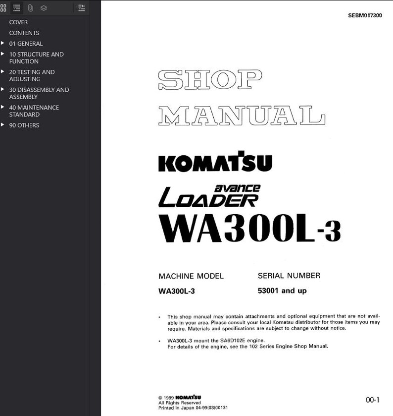 Puede incluir: Un manual de taller blanco con texto negro. La portada presenta el texto "SHOP MANUAL" sobre el logotipo "KOMATSU" y la informaci&oacute;n del modelo "avance LOADER WA300L-3". Detalles adicionales incluyen el modelo de m&aacute;quina y el n&uacute;mero de serie.