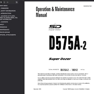 Op de afbeelding: Een witte handleiding met de titel "Bedienings- en onderhoudshandleiding" met de tekst "D575A-2 Super Dozer". De omslag bevat het Super Dozer-logo en het copyright van Komatsu America International Company.