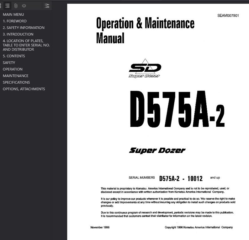 Op de afbeelding: Een witte handleiding met de titel "Bedienings- en onderhoudshandleiding" met de tekst "D575A-2 Super Dozer". De omslag bevat het Super Dozer-logo en het copyright van Komatsu America International Company.