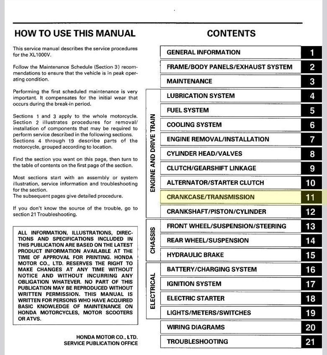 Honda XL1000V Varadero 1999- 2004 Service Repair Manual Pdf