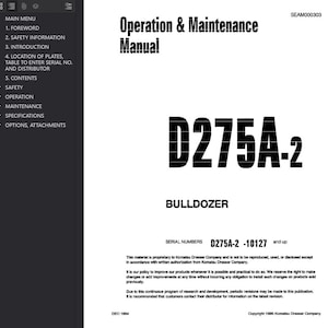 May include: A white manual titled "Operation & Maintenance Manual" with the text "D275A-2" and "Bulldozer" in bold black font. The manual includes a table of contents and safety information. The cover also includes the Komatsu Dresser Company copyright.