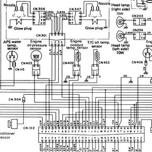 Pode incluir: Diagrama esquem&aacute;tico detalhado do sistema el&eacute;trico de um autom&oacute;vel, com v&aacute;rios sensores, conectores e fia&ccedil;&atilde;o. Inclui r&oacute;tulos para componentes como o sensor de temperatura da &aacute;gua APS, o sensor de press&atilde;o do &oacute;leo do motor e os far&oacute;is.