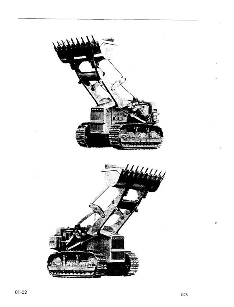 May include: Two black and white illustrations of a tracked excavator with a raised bucket. The excavator has a large bucket with teeth, a cab, and a long arm. The illustrations are labelled with the numbers "01-02" and "D75".