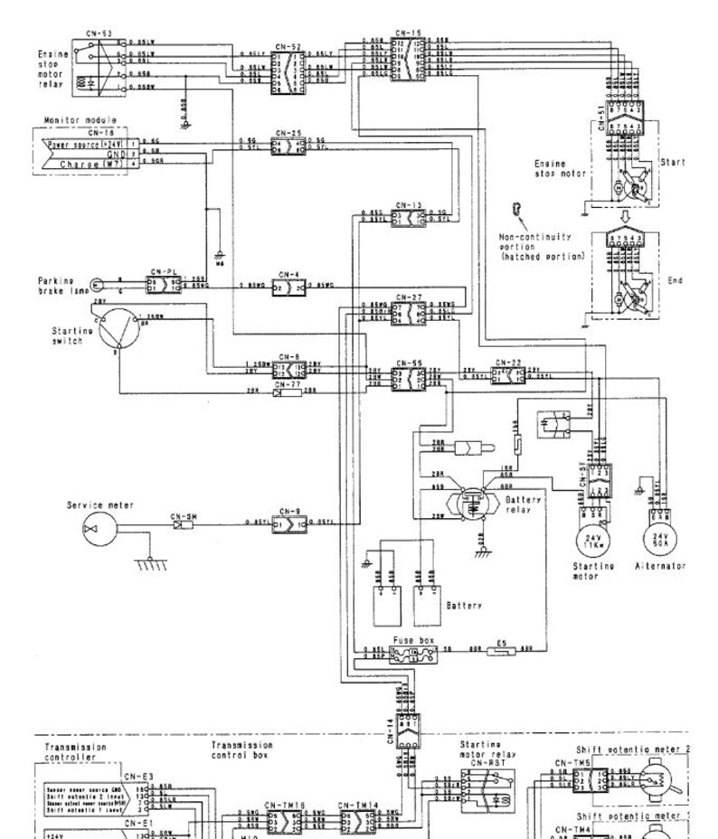 May include: An electrical schematic diagram showing the layout of various components such as relays, motors, and a battery. The diagram uses lines and symbols to illustrate the connections and flow of electricity within a system.