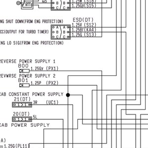 May include: A detailed black and white schematic diagram with text labels and symbols. The diagram includes labels such as "TRAVEL LOCK SW", "CAB CONSTANT POWER SUPPLY", and "REVERSE POWER SUPPLY". Lines and connectors are used to illustrate electrical circuits.