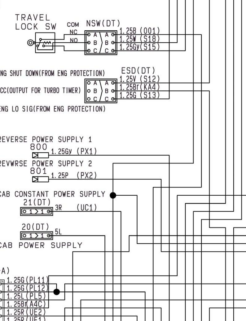 May include: A detailed black and white schematic diagram with text labels and symbols. The diagram includes labels such as "TRAVEL LOCK SW", "CAB CONSTANT POWER SUPPLY", and "REVERSE POWER SUPPLY". Lines and connectors are used to illustrate electrical circuits.