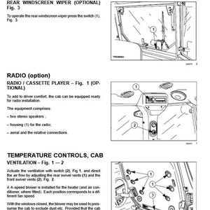 May include: Diagram of a vehicle cab interior with labeled controls. Includes the roof beacon switch, rear windscreen wiper, radio, and temperature controls. The image is a technical illustration with numbered components.