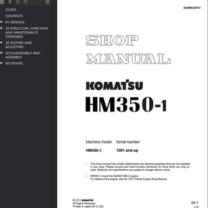 May include: A white shop manual cover with the title "SHOP MANUAL" in outlined text. Below is the "KOMATSU" logo and "HM350-1" in bold black font. The manual includes machine model and serial number information.
