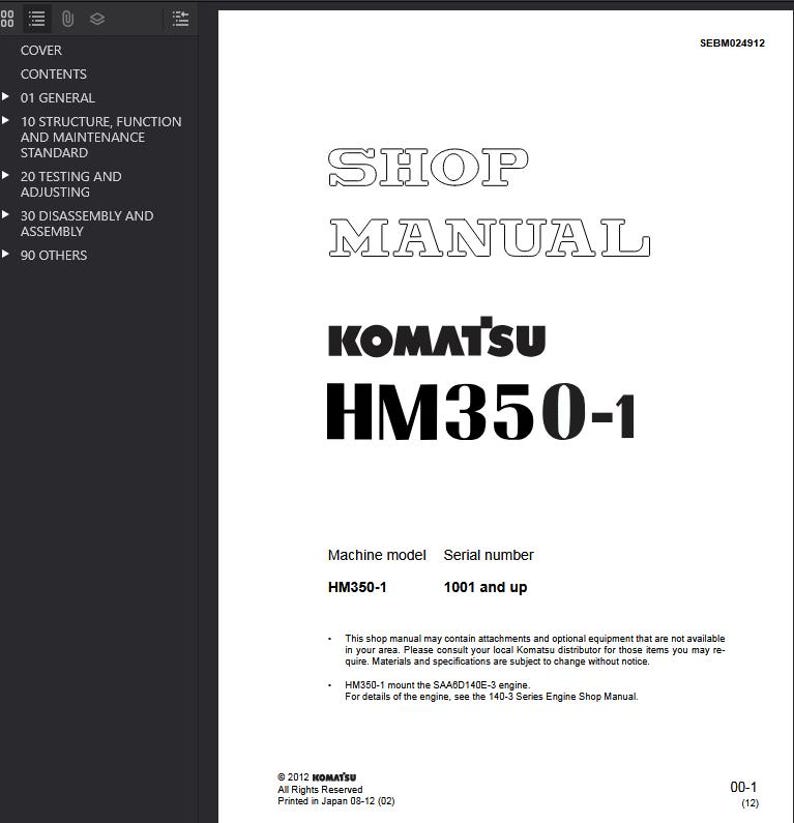 May include: A white shop manual cover with the title "SHOP MANUAL" in outlined text. Below is the "KOMATSU" logo and "HM350-1" in bold black font. The manual includes machine model and serial number information.