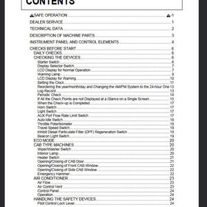 May include: A black and white printed page titled "CONTENTS" with a detailed list of topics, including "SAFE OPERATION," "TECHNICAL DATA," and "AIR CONDITIONER." The document appears to be a manual or guide.