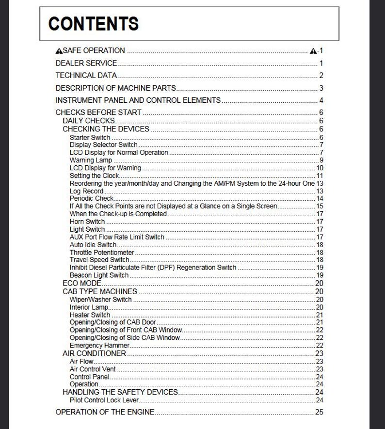 May include: A black and white printed page titled "CONTENTS" with a detailed list of topics, including "SAFE OPERATION," "TECHNICAL DATA," and "AIR CONDITIONER." The document appears to be a manual or guide.